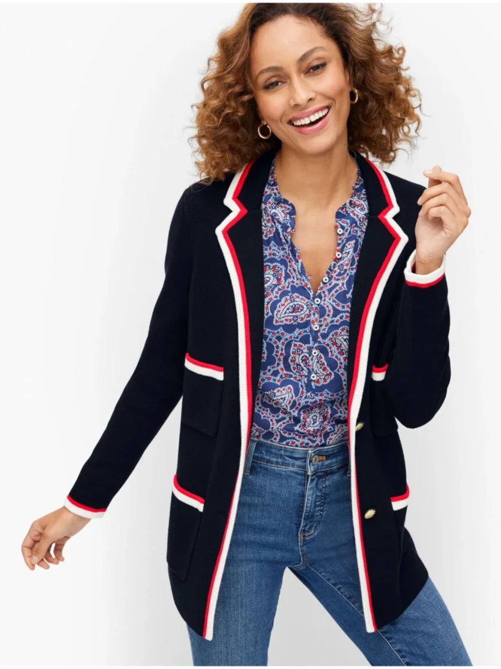 TALBOTS Tipped Boyfriend Knit Blazer in Navy Size 2Xp